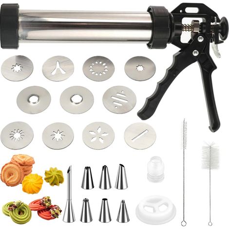 Churro Maker Stainless Steel Pastry Press, Biscuit Press with 10 Stencils and 7 Stainless Steel Nozzles, Dough Syringe, Biscuit Press, Biscuit Press, Baking Accessories for Cakes, Desserts, Cookie (1/5)