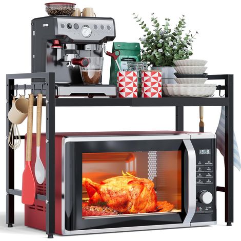 Etagere Micro Onde Cuisine Rangement Extensible, Support pour Micro-Ondes à 2 Niveaux, étagère Plan Travail pour Microwave, Support pour Four, Microwave Oven Storage Rack avec 8 Crochets, Noir (1/5)
