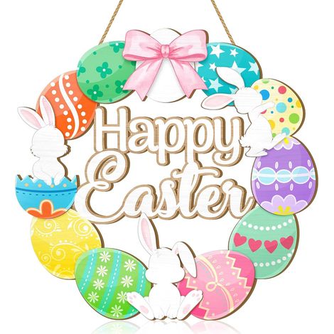 Wreath - Happy Easter Wooden Door Hanger - For Front Door Porch Wall - 35 Cm Diameter - 1 Piece (1/5)