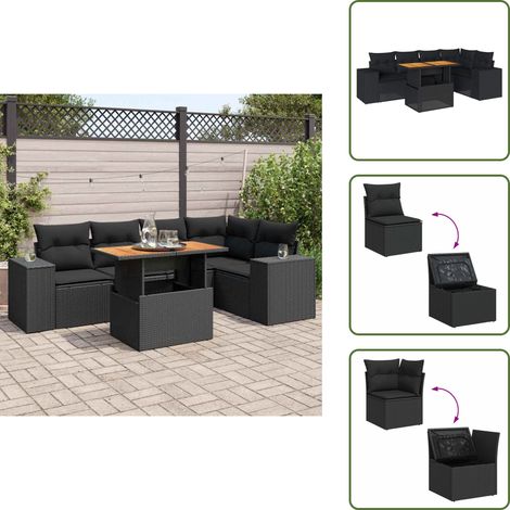The Living Store Set Divano da Giardino 6 pz con Cuscini Nero in Polyrattan - Seduta angolare
