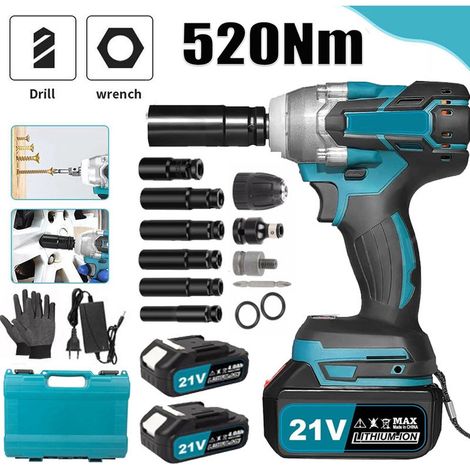 Clé à Chocs Sans Fil, 520Nm Moteur sans balais Boulonneuse a Choc avec 2 x 4000 mAh Batteries, 4 Douilles à Chocs, 1 Embouts de Vis,, 21 V Cle a Choc pour la Voiture et la Maison (1/5)