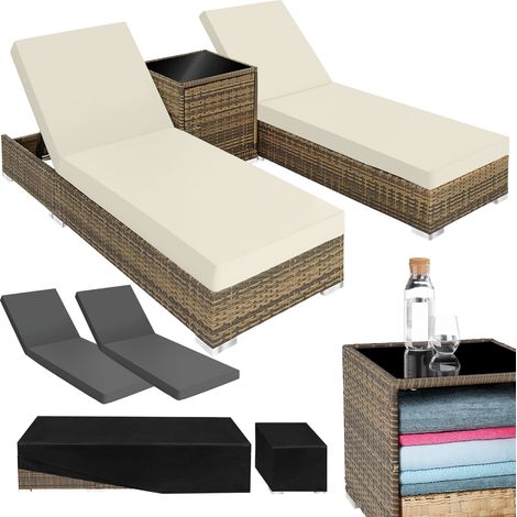 Lot de 2 bains soleil résine tressée aluminium table marron naturel