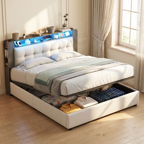 Cama canapé abatible tapizada 160x200 cm - Estación de carga inalámbrica, somier de láminas, LED y almacenaje integrado - Terciopelo, beige (1/5)