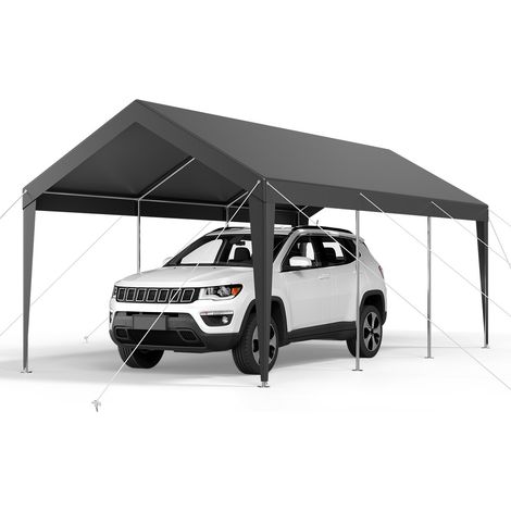 Carport, 3,05 x 6,09 m, Abri de Voiture Robuste avec Cadre en Acier, Abri de Garage Extérieur, Résistant aux UV et à l'Eau, Protection Toutes Saisons, Auvent pour Voitures, Bateaux, Moto, Gris