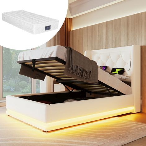 Lit simple rembourré 90200 cm, matériau PU blanc, lit coffre hydraulique, tête de lit rembourrée avec fonction de chargement USB Type-C, fonction LED 3 côtés (avec matelas) (1/5)