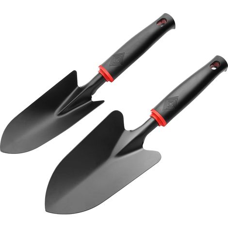 Lot de 2 truelles de jardin noires larges (32,5 x 8 cm) x 1 et pelle étroite (32 x 6 cm) x 1 petite pelle de jardin pour transplanter des semis, désherber et ameublir (1/5)