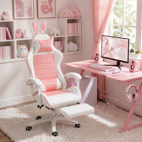 Chaise Gaming Ergonomique avec Oreilles, Repose-Pieds Escamotable, Coussin Lombaire et Appui-Tête, Rose (1/5)