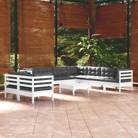 Salon de jardin 10 pcs Ensemble Table et Chaise de Jardin - avec coussins Blanc Bois de pin massif BV817791 - BonneVie (1/5)