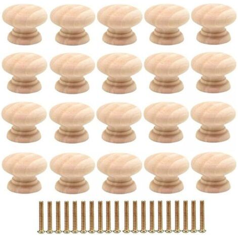 20pcs Poignée de tiroir ronde Poignée de meuble en bois de 35 mm, table de chevet d'armoire à tiroir de style simple, petite poignée à trou unique pour porte d'armoire avec vis (1/4)