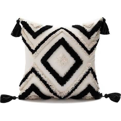 JSSEVN - Bohemian decorative cushion cover, beige, tufted cotton, Moroccan style, for sofa, bedroom, living room, 1, black, 45 x 45 cm (1/5)