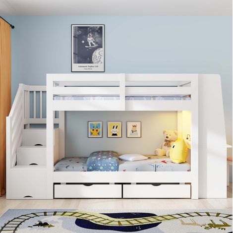 Litera 90/200 cm blanca de madera con escritorio, escalera con almacenaje y LED (1/5)