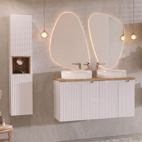 Ensemble meuble double vasque 120cm 4 portes et colonne Riva Blanc et Bois (1/5)