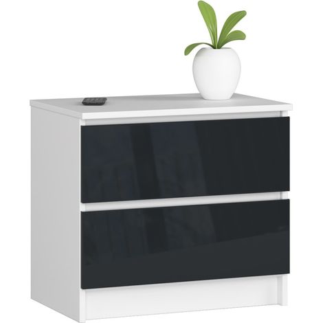Table de chevet : 2 tiroirs, Blanc, Noir, 54 × 56 × 39 cm, poignées dorées (1/5)