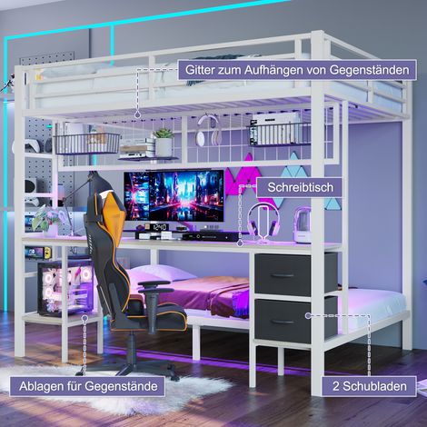 Lit mezzanine 90/140×200cm blanc fer,tiroirs étagères,grille suspension,bureau,LED 7 couleurs et USB