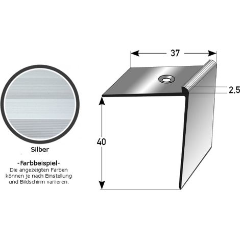 Treppenkante "Aulla" / Treppenkantenprofil / Winkelprofil, konfigurierbar, Breite: 37 mm, Höhe: 10-40 mm, Einfasshöhe 2-7 mm aus Aluminium eloxiert, gebohrt, von Auer Metall -2.5-40 mm-1000-silber