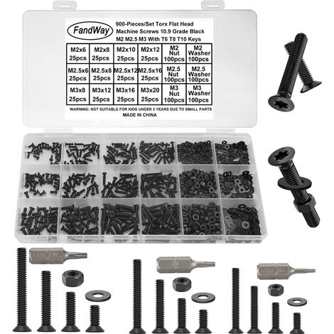 M2 M2.5 M3 Torx Vis à Métaux et écrous,900 Pièces Vis à Tête Plate Torx,Boulon et écrous Rondelles,Boulons Tete Fraisee Entièrement Filetées en Acier Carbone Noir 10.9. (1/5)