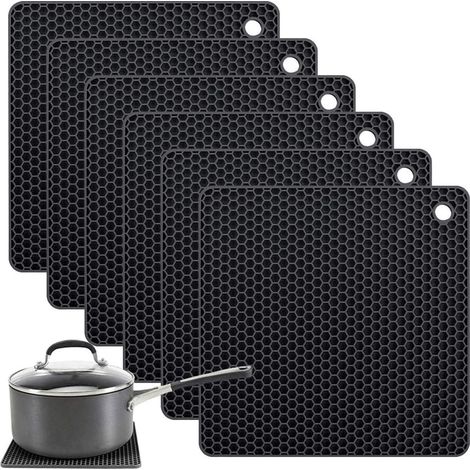 Dessous de plat en silicone, lot de 6, pour casseroles et poêles chaudes, noirs, résistants à la chaleur, pour tables, plans de travail et grands dessous de verre. (1/5)