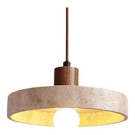 Luminaire suspendu rond îlot de cuisine lampe à suspension en pierre de grotte jaune tasse en bois éclairage de plafond suspendu long et réglable lustre rétro Wabi Sabi en travertin jaune lampes (1/5)