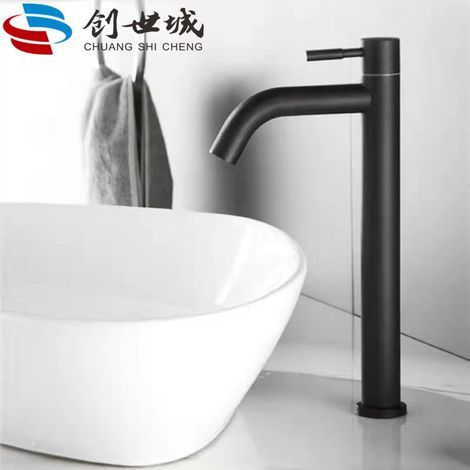 High stainless steel basin tap for international trade and cross-border e-commerce, with a single cold water spout - high model with a curved black spout