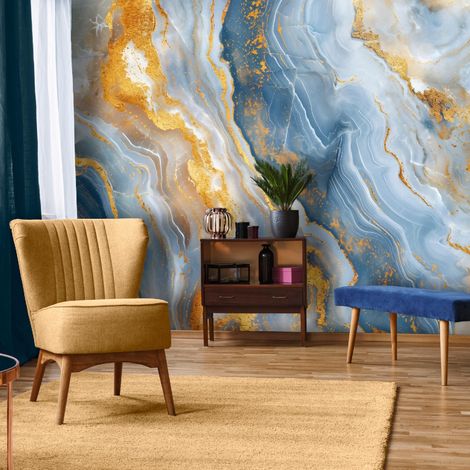 Fototapete Marmor Blau Gold Glamour, für Wohnzimmer und Schlafzimmer, 150 x 105 cm – Komplettset inkl. Kleister & Anleitung (1/5)