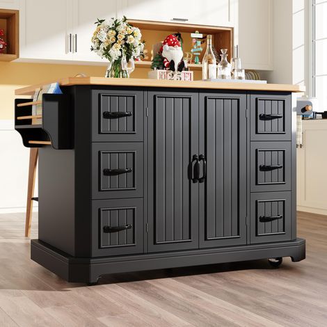 Kücheninsel mobil, Küchenschrank, Küchenwagen mit 2 Türen & 6 Schubladen, rollbar, (120x45(75)x91 cm), Weiß/Schwarz