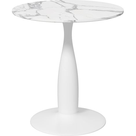 Mesa de comedor redonda, acero con recubrimiento en polvo, MDF con melamina, patas antideslizantes, 70 x 74 cm, blanca. (1/5)