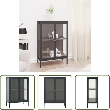 The Living Store Buffet Anthracite 75x35x105 cm Acier et verre - Buffet - Meuble De Rangement - Armoire - Vitrine - Mobilier (1/5)