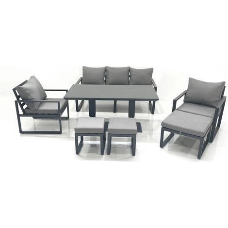 Fimous 8 Seater Aluminium Outdoor Garden Furniture Set with Adjustable Rising Lifting Dining Table 3 Seater Sofa 2 Chair 3 Footstool Dark Grey (1/5)