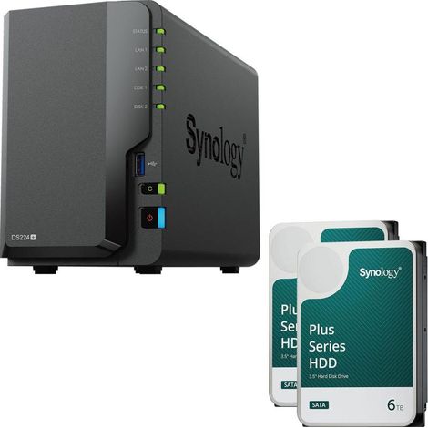 Carcasa de servidor NAS Synology DiskStation DS224+ de 2 bahías + 2 discos duros SATA HDD Synology Plus de 3,5" de 6 TB (12