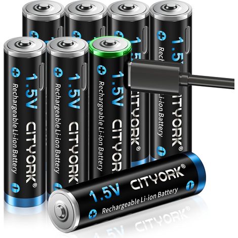 Lot de 8 piles rechargeables USB-C AAA au lithium 1,5 V 1200 mWh avec câble de charge USB 4 en 1 (1/5)