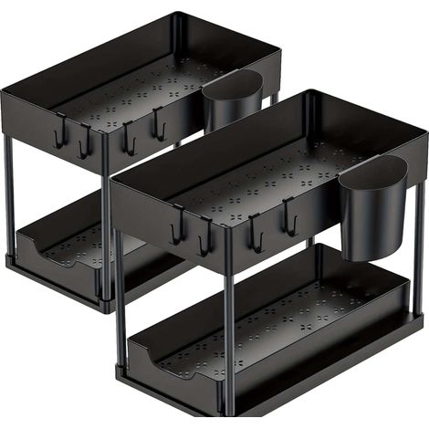 Lot de 2 Rangement sous Évier - Organisateur sous Evier Tiroir Coulissant à Extraction - Rangement cuisine De Cuisine - Panier de rangement multifonction pour salle de bain - Noir