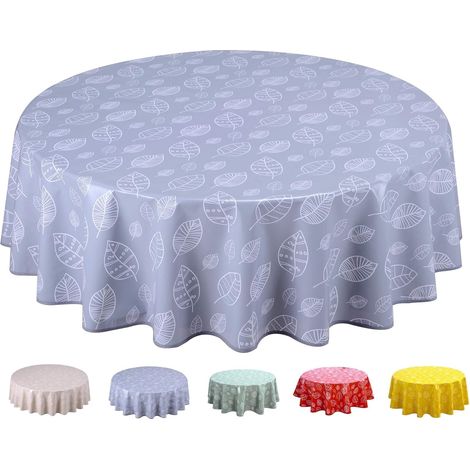 1 Nappe toile cirée PVC Ronde 160 cm Feuilles Gris Clair Finition biais Salon