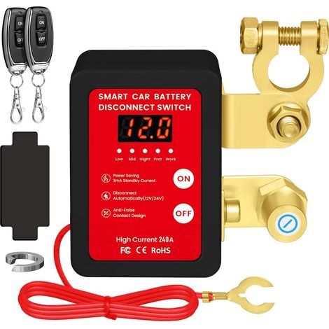 Kabellos ferngesteuerter Batterieschutzschalter, 12V 240A Batterietrennschalter mit Fernbedienung, automatischer Abschaltschalter mit LED-Anzeige für 12V Auto, Wohnmobil, ATV, LKW, Boot (Schwarz) (1/5)