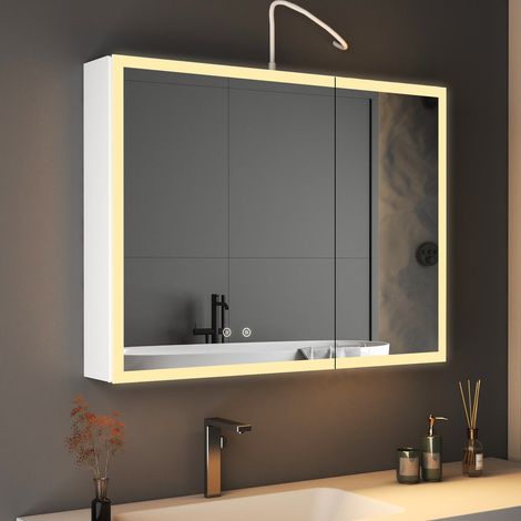 80x60cm Weiß Spiegelschrank Bad mit Beleuchtung LED Spiegelschrank mit Beleuchtung Badezimmerschrank mit Spiegel Hängeschränke Medizin Kabinett mit 3 Einstellbare Lichtfarben, Beschlagfrei (1/5)