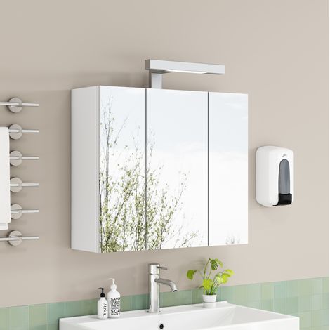 Armoire de toilette miroir murale 3 portes avec LED, prise française et étagères en verre réglables, blanc, livrée montée pour salle de bains CHICFURN (1/5)