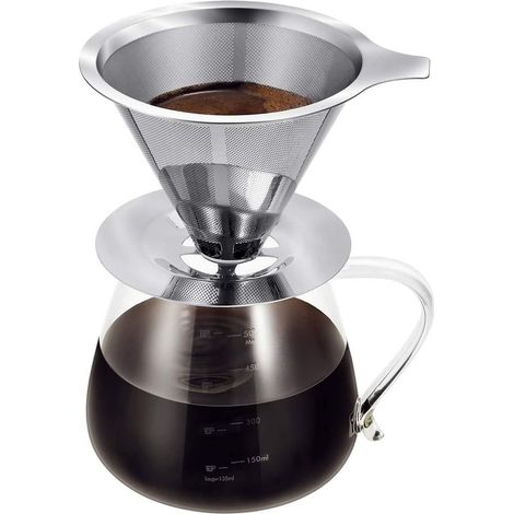 Tasse à double filtre en acier inoxydable (base moyenne, cafetière non incluse), filtre antirouille sans papier, filtre manuel, cafetière goutte à goutte en verre, cadeau café (1/4)