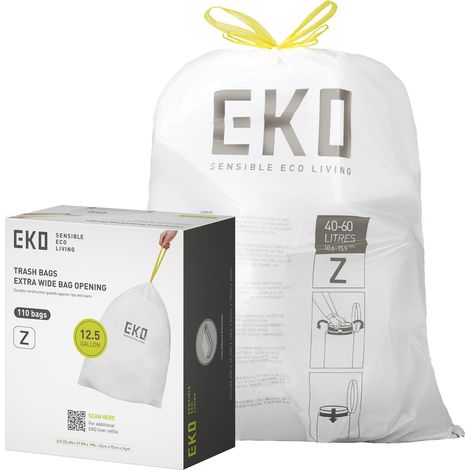 Lot de 110 sacs poubelle avec cordon de serrage, 40 à 60 litres, extra résistants, non parfumés, résistants aux fuites, rouleau facile à distribuer pour cuisine et maison, code Z, blanc (1/5)