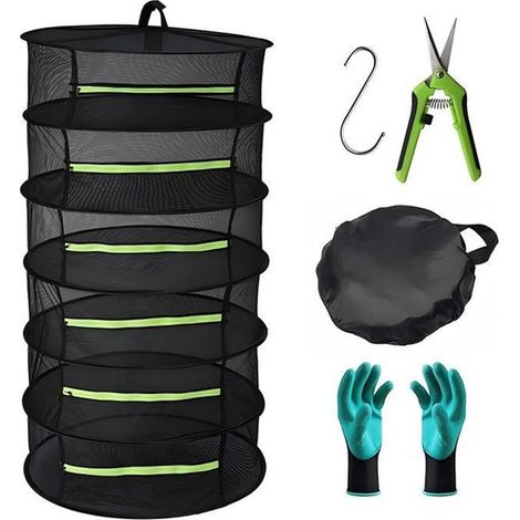 Red de secado,Cesta de secado plegable de 6 capas con cremallera para secar plantas,Incluye guantes de jardinería,paños de poda y ganchos (1/5)