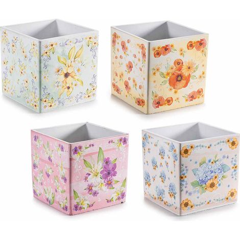 Vasi quadrati in cemento con decori floreali colorati, set da 4 pezzi, cm 14 x 14 x 14 H