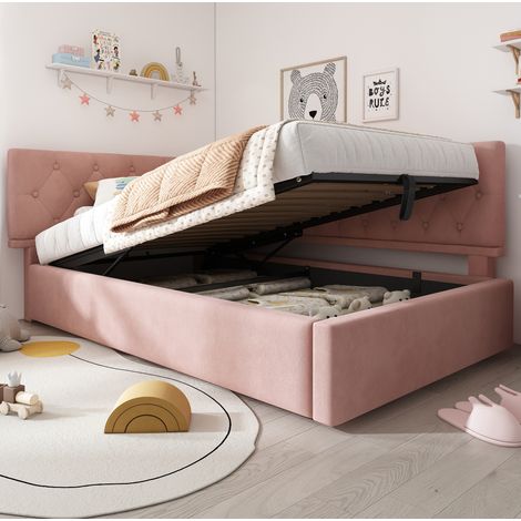 Bett Tagesbett Stauraum 90x190 Samt Rosa OKMYHOME (1/5)