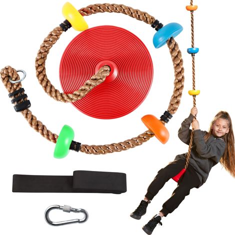 Balançoire pour enfants — Modèle à disque unique, incluant une corde d'escalade d'extérieur de 1,8 m, un mousqueton et une sangle d'ancrage pour arbre de 1,2 m (Rouge)
