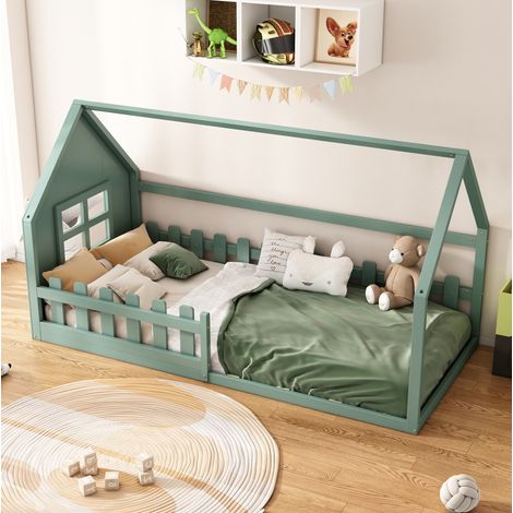 Kinderbett 90x200 cm Aus Kiefer Und Mdf, Hausform Grün, Spielerisches Design Und Klare Linien (1/5)