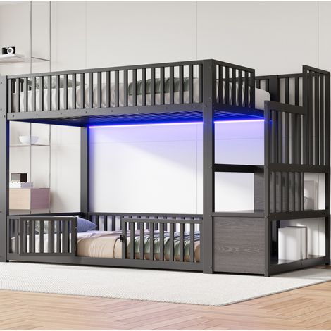 Lit superposé 90/200 cm noir en métal et MDF avec échelle de rangement et éclairage LED (1/5)