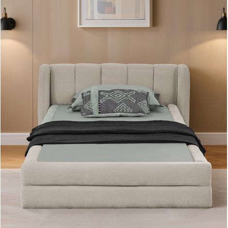 Lit 90x200 cm en tissu chenille beige, tête de lit matelassée ergonomique, charge max 200 kg (1/5)