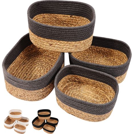 Lannvan Panier Rangement,Lot de 4 Paniers de Rangement Tressés en Jacinthe d'Eau et en Coton pour Salle de Bain,Cuisine,Organisateur Table a Langer Bebe,Corbeille Rangement pour Bébé,Enfant,Grau (1/4)