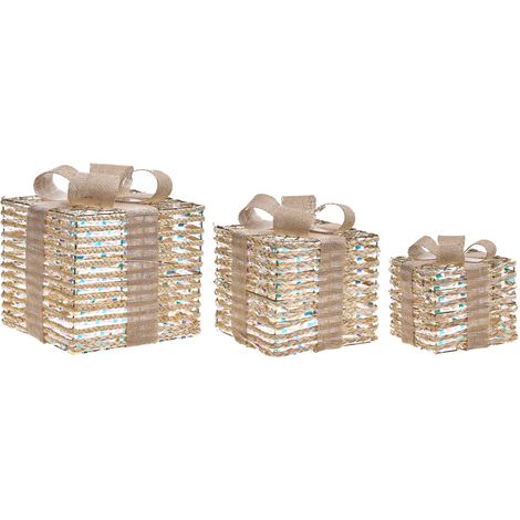 Conjunto de 3 decoraciones regalos de Navidad con lazos luces LED blancas cálidas acabado brillante para interior beige Mosso (1/5)