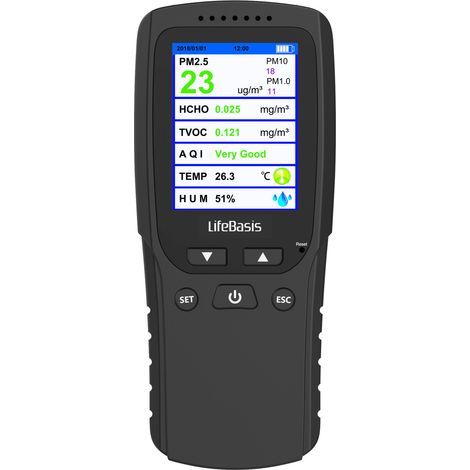 Détecteur de qualité d'air intérieur DM106A - Noir - Mesure PM2.5/PM10/PM1.0, HCHO, TVOC, AQI, Température, Humidité - Écran LCD - Batterie lithium (1/5)