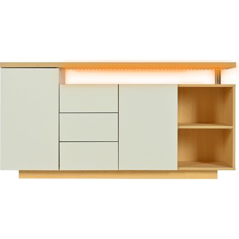 Buffet 140 cm blanc et chêne clair avec éclairage LED, meuble de rangement 2 portes, 3 tiroirs et 2 niches ouvertes (1/5)