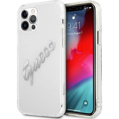 Funda rígida transparente Guess GUHCP12LKTRSVSI para iPhone 12 Pro Max de 6,7 pulgadas, diseño Vintage Script Silver (1/5)