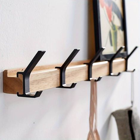 Wandregal aus Holz mit 5 doppelten Aluminiumhaken – für Mäntel, Handtücher – ideal für Familien und Wohnzimmer